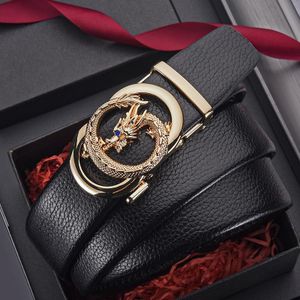 ASCENT Men's 3D Dragon Pattern Automatic Buckle Belt, Black Leather Waist Strap for Business & Daily Wear