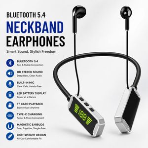 Bluetooth 5.4 Wireless Neckband Earphones with LED Battery Display, Type-C Charging, Built-in Mic & TF Card Playback, Black