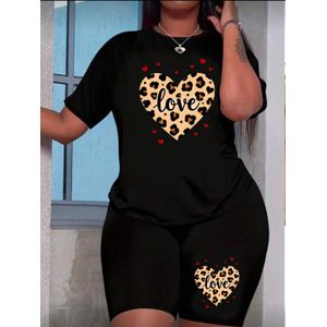 Summer plus-size  2 Pieces Set Fashionable Heart Printed Short Sleeve Top And  Short Pants Romantic  -Black