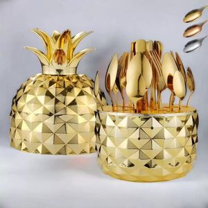 24-Piece Gold Stainless Steel Cutlery Set with Pineapple Storage Stand – Luxury Dining Tableware Set- Gold color 