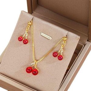 Simple cherry necklace and earring set, versatile accessories