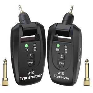 2.4GHz wireless guitar system with two modes, built-in rechargeable lithium battery, 1/4" and 1/8" plug audio wireless t-ransmitter and receiver.
