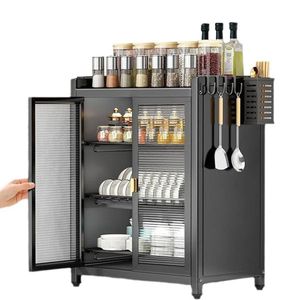 4-Tier Freestanding Mini Kitchen Pantry Organizer Storage Cabinet - Dish Rack & Storage Shelf With Side Hooks & Utensil Holder - Black