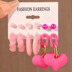 6 Pairs Pearl Heart Earrings Set for Women - Pink