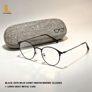 BoutiqQila Unisex photochromic lenses + linen gray glasses case - Anti Blue Light Eye Protection Glass For Phones & Computers - black