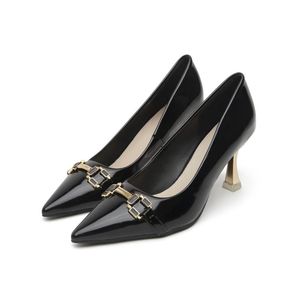 Women’s Patent Leather Pointed-Toe Pumps with Gold Block Heel & Chain Detail- Black