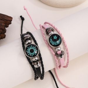 2pcs /set Luminous Couple Bracelets Handmade Multi-layers Woven Leather Lover Bracelet Blue Sun and Moon Lovers Time Gemstone Charm Bracelets 