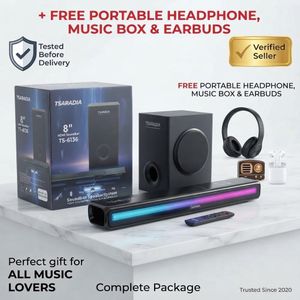 Tsaradia TS-6136 8-Inch HDMI Soundbar Speaker System with Subwoofer & Remote Control + Free Earbuds, Headphone & Music Box