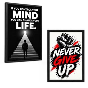 Never Give Up Motivational Wall Art – Black & Red Inspirational Poster with Black Wooden Frame - A3
