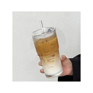 Flushrenic 20oz Coffee Cup,Ribbed Glass Tumblers with Lids & Straws, for Ideal for Iced Coffee, Cappuccino And Tea - Includes Cleaning Brush