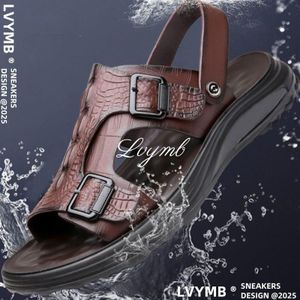 LVYMB Newly Upgraded High-end Crocodile Leather Men's Two On Sandals/Slippers, Comfortable, Fashionable And Durable Sole Europen Made -BROWN