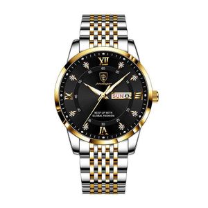 Two-Tone Gold-Silver Diamond-Studded Men's Watch with Dual Calendar, Roman Numerals Business Watch, Waterproof Steel Strap Quartz Watch