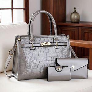 Women's 3-In-1 Crocodile Pattern Patent Leather Handbag Set - Tote Bag, Clutch Wallet & Card Holder