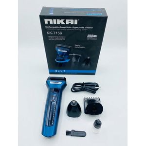 Nikai NK-7156 3-in-1 Rechargeable Electric Shaver, Hair Clipper & Nose Trimmer Set – Metallic Blue & Black