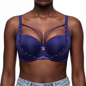Binnys Affordable Luxury Stylish Dark blue Bra,Decorative Straps, Mesh Panel Lifting Effect, Adjustable Straps, Non-Removable Pads, No-Shift Padding, Vacation Women's Balconette Bra 