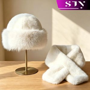 STY 2 In 1 Ladies Faux Mink Fur Hat + Scarf Set  Women Fluffy Hats Fluffy scarves White Hat Scarf Winter Hat and scarf Set
