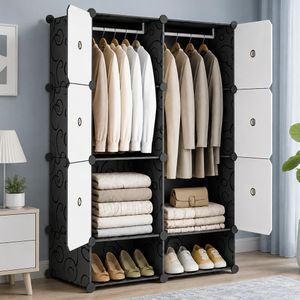 CYFAZA 6 Cubes Plastic Wardrobe for Clothes, Modular Cube Closet Organizer with Doors & Hanging Rod, Storage Shelves 129×75×47cm, Black