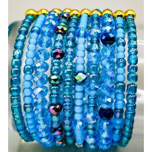 10pcs Women's Stackable Beaded Bracelet Set - Carribean Blue/Gold