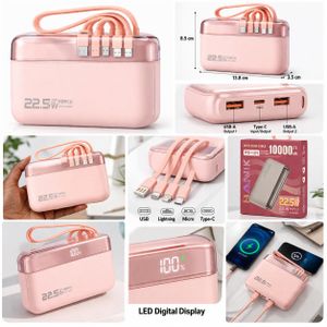 POPCU 10000mAh Power Bank – 22.5W Fast Charging, Built-in Cables, Portable Charger - Pink