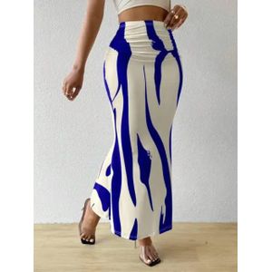 Women's High-Waist Abstract Printed Maxi Skirt – Ruched Bodycon Long Pencil Skirt – Blue & White