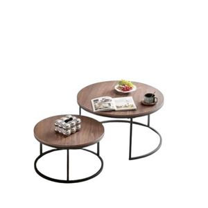 2-Piece Modern Round Set - Wood Top Center Tables with Matte Black Steel Frame - Walnut Brown