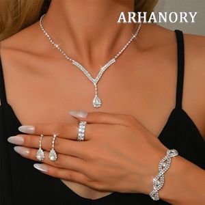 ARHANORY Wedding Jewelry Set for Brides Rhinestone Necklace Earrings Bracelets Ring for Bridesmaids Formal Jewelry for Women
