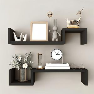 Set of 2 Creative Floating Shelves  -  Wall-Mounted Dividers with Reinforced Boards and High Load-Bearing Capacity - Black