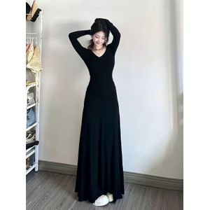Women's Long Sleeve V-Neck Maxi Dress – Fit Casual Long Dress - Black