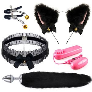 6Pcs Cat Ears Tail Butt Plug Set, Plush Fox Ear Headband Nipple Clips Lace Choker Vibrating Egg, BDSM Cosplay Sex Toys for Couples Role Play