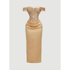 Off-Shoulder Draped Corset Satin Gown – Elegant Bodycon Evening Dress