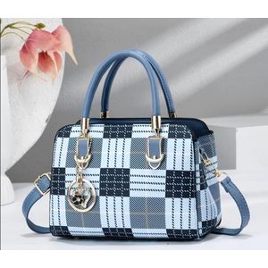 Crossby Women' Large Tote & Crossbody Bag with Rhinestone Charm - Blue Plaid Print Handbag Suitable for Moms, Elegant Shoulder Purse with Zipper Closure
