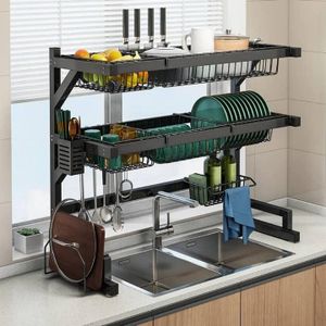 2 Tier Adjustable Over the Sink Dish Drying Rack - Black