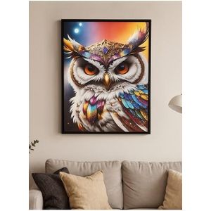 23.6x31.5inch Luxury Canvas Wall Art – Majestic Owl Portrait with Jewel Crown & Rainbow Feathers for Home or Office Decor