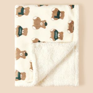 Autumn/Winter Foldable Edge Baby Blanket - Double-Layer Thickened Flannel and Lambswool Blanket - Green Bear Design