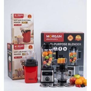 Morgan Electronics 2-in-1 Snack & Food Prep Bundle – 1200W Electric Hot Air Popcorn Maker (PP-1016) & Heavy-Duty Multi-Purpose Food Processor Blender Combo