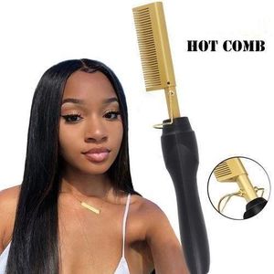 Classic Multifunction 2 in 1 Electric Hot Comb Brush Professional Hair Straightener - Black & Gold