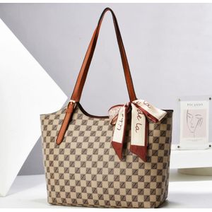 LM Classy Checkered Tote Bag With Scarf - Coffee