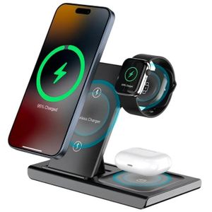  3 in 1 Wireless Charger Station 15W Fast Charging Pad for iPhone Apple Watch and AirPods - Black