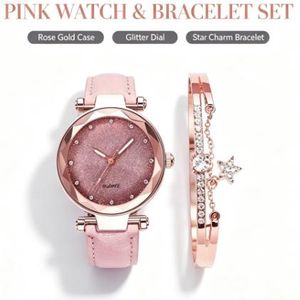 Women's Watch Leather Strap Casual Ladies - Watch+Bracelet - pink