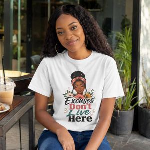 VIMZ Women’s Excuses Don’t Live Here Graphic T-Shirt – Round Neck Short Sleeve Regular Fit Casual Wear – White