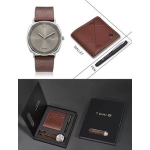 Tomi 3PCS T044 Luxury Business Gift Box Set Men Watch Wallet Simple Leisure Creative Hollow Dial Men Quartz Watch Watch Clock Gifts-Brown Silver 