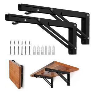 Heavy Duty Stainless Steel Folding Shelf Brackets, Black Wall Mount Support, 2Pcs 12 Inch
