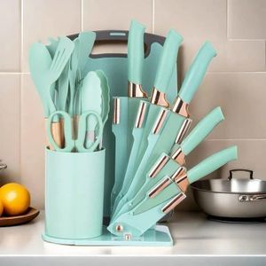 19-Piece Silicone Kitchen Utensil & Knife Block Set - Mint Green & Rose Gold