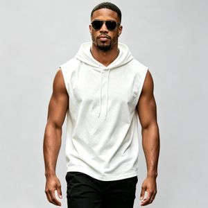Men Sleeveless Hooded Vest Cotton Loose Fit White Sleeveless Hoodie Tank Top Casual Streetwear Gym Workout Men's Hooded Tank T-Shirt