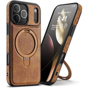 Phone Case for iPhone 17 Pro Max/16 Pro Max/15 Pro Max/14 Pro Max/12 Pro Max, Magsafe Compatible 160° Rotatable Ring Kickstand, Military Grade Shockproof Anti Slip Slim - Brown