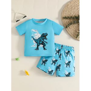 No Boys Toddler Summer Dinosaur Print 2-Piece Set (1-4 Years) - High Stretch & Quick-Dry T-Shirt + Elastic Waist Shorts, Soft & Breathable Active Wear