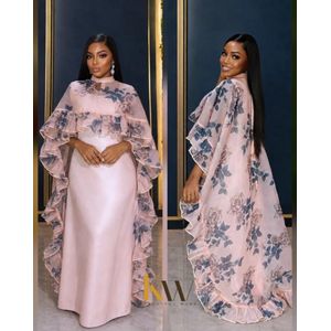 Women's Floral Organza Cape Maxi Dress - Blush Pink High-Neck Formal Evening Gown