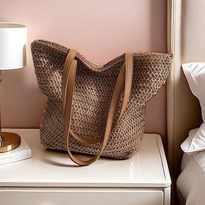 Large-Capacity Woven Handbag - Chic Straw Handbag with Brown Handles, Zipper Closure, And for Beach, Shopping, And Everyday Use, Beach Bag