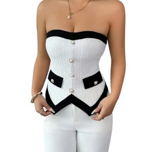Genes Women's Solid White and Black Color Contrasting Strapless Waist-Cinching Fitting Sexy Top Vest - White