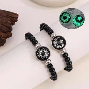 2 Pieces Stylish Couple Bracelets Featuring The Sun, Moon, And Stars - Black